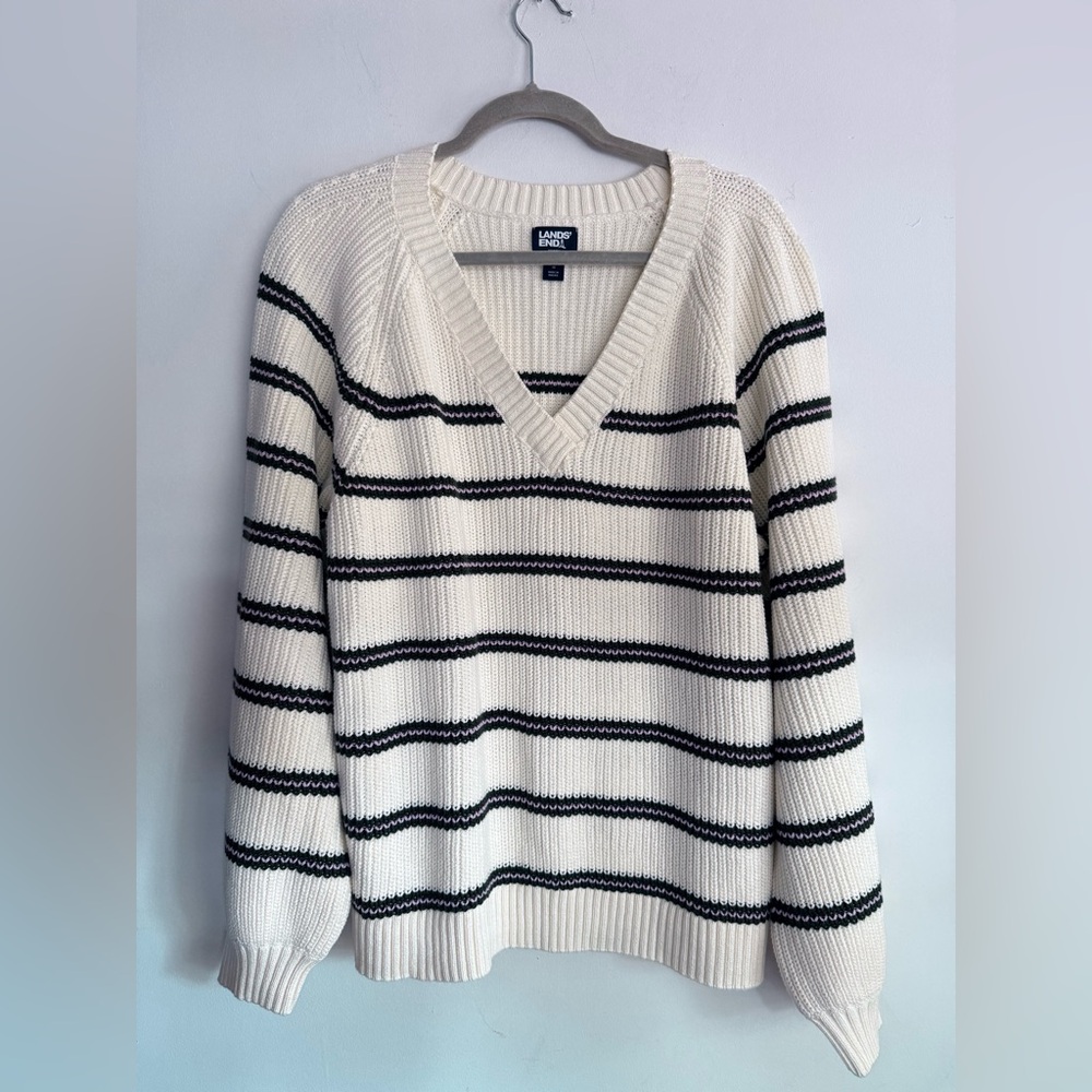 Lands End Drifter Heavyweight Cotton Pullover‎ Striped V Neck Sweater XL Ivory